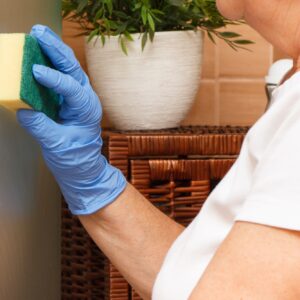 Hand of senior woman using sponge and wiping glass shower door in bathroom, household duties concept